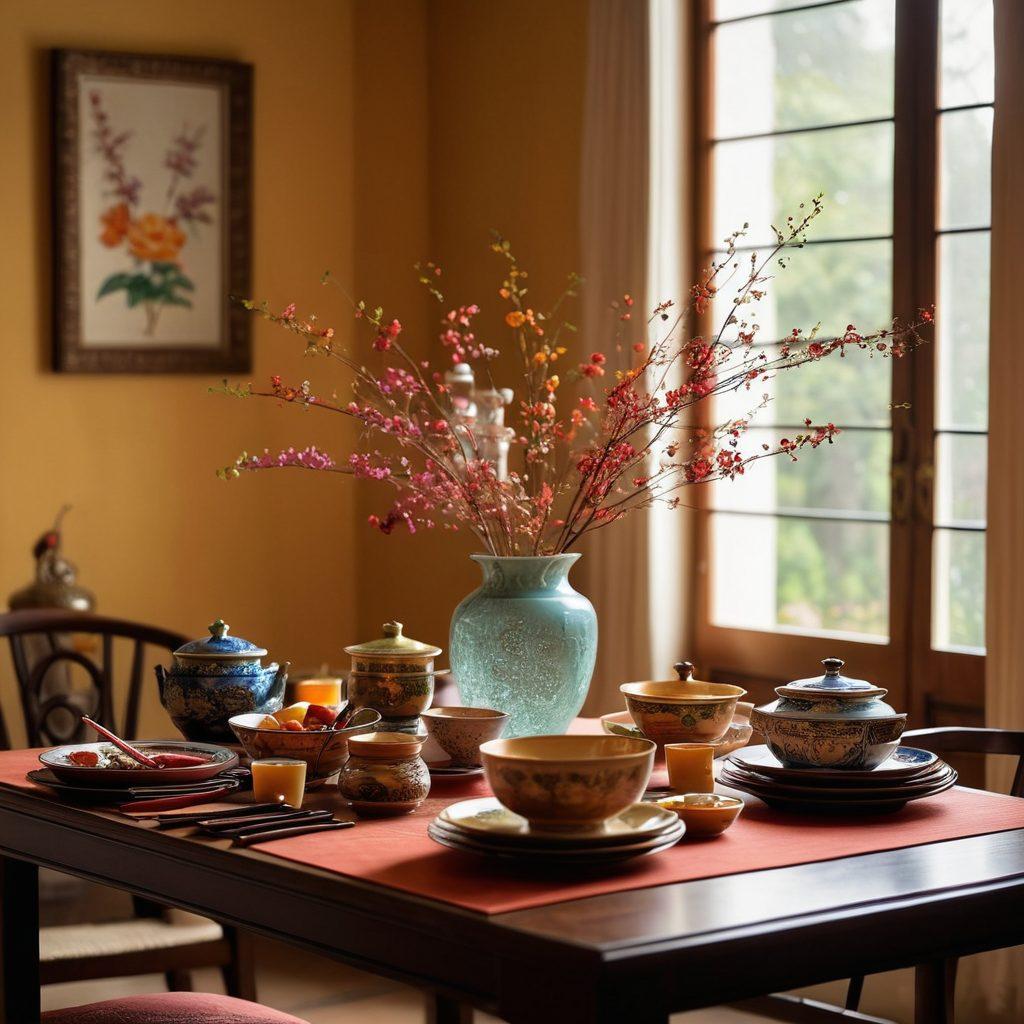 A beautifully arranged dining table featuring an array of traditional Asian utensils such as chopsticks, rice bowls, and tea cups, surrounded by colorful Asian dishes. The setting includes elegant floral decorations and soft ambient lighting that creates a warm, inviting atmosphere. Showcase a transformation theme by incorporating contrasting elements of sadness and joy, with faded colors on one side and vibrant, lively colors on the other. soft focus. vibrant colors. warm lighting.