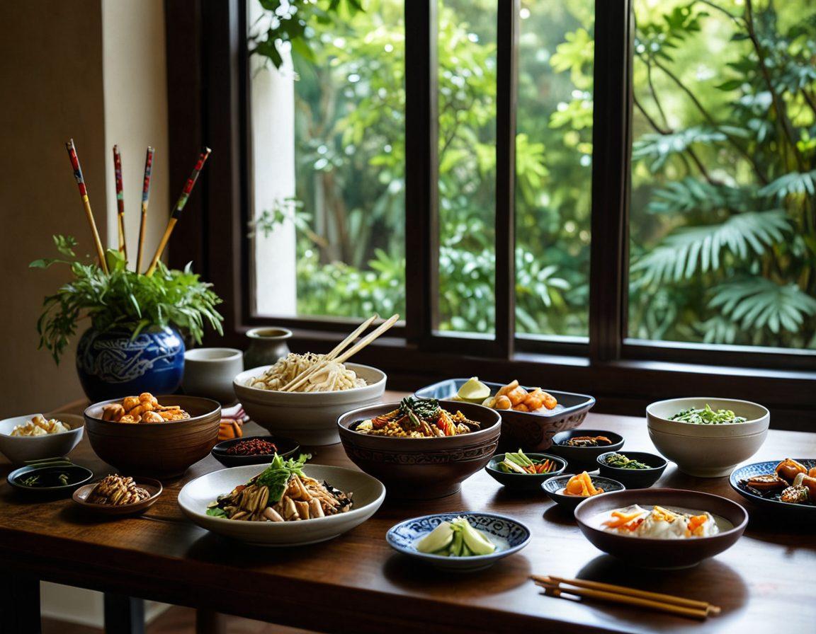 A serene table setting featuring beautifully crafted chopsticks resting beside a colorful array of traditional Asian dishes, each plate showcasing intricate culinary art. Soft, warm lighting casts a joyful ambiance, enhancing the vibrant colors of the food. A backdrop of lush greenery peeks through a window, symbolizing the connection to nature and culture. super-realistic. vibrant colors. warm lighting.