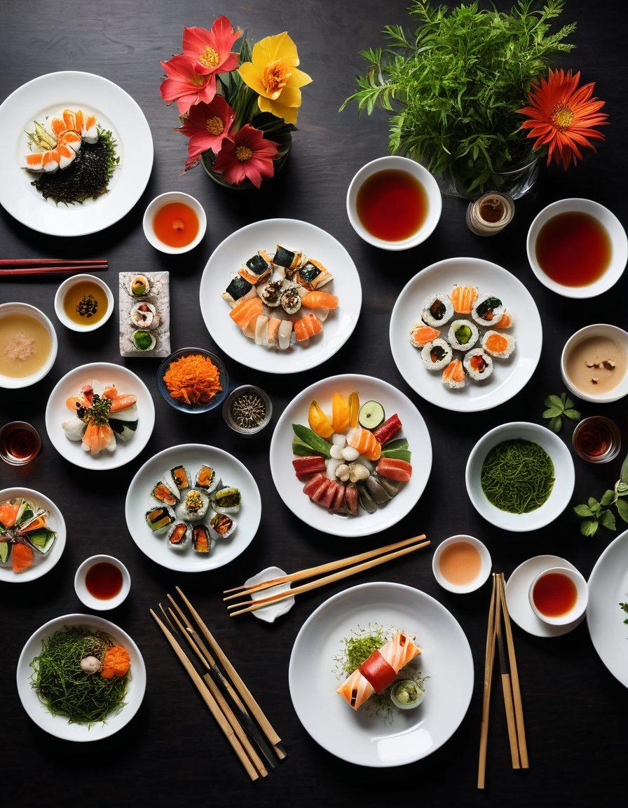 A beautifully arranged table setting featuring vibrant Asian cuisine, with an elegant pair of chopsticks poised to pick up a colorful sushi roll. Surrounding the sushi, a variety of dishes showcasing intricate flavors, garnished with fresh herbs and spices. Soft, warm lighting enhances the textures of the food, inviting viewers to savor the moment. Include a delicate porcelain tea set in the background, hinting at a harmonious dining experience. super-realistic. vibrant colors. warm lighting.